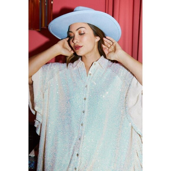 Sweet Dream Sequin Poncho Button-Down Tunic in Snow - Picture 4 of 4